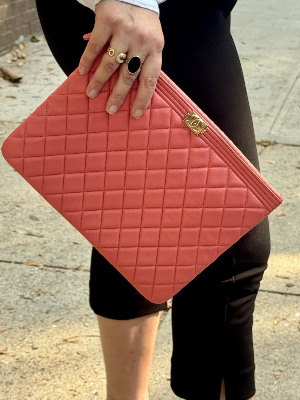 Rare Chanel Boy Quilted Lambskin Clutch in Coral